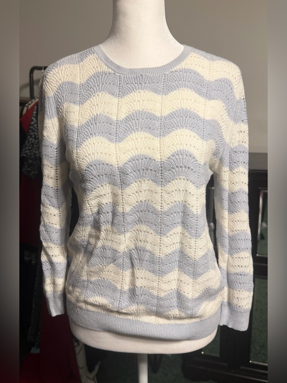Ann Taylor Light Blue and White Stripe Crewneck Sweater